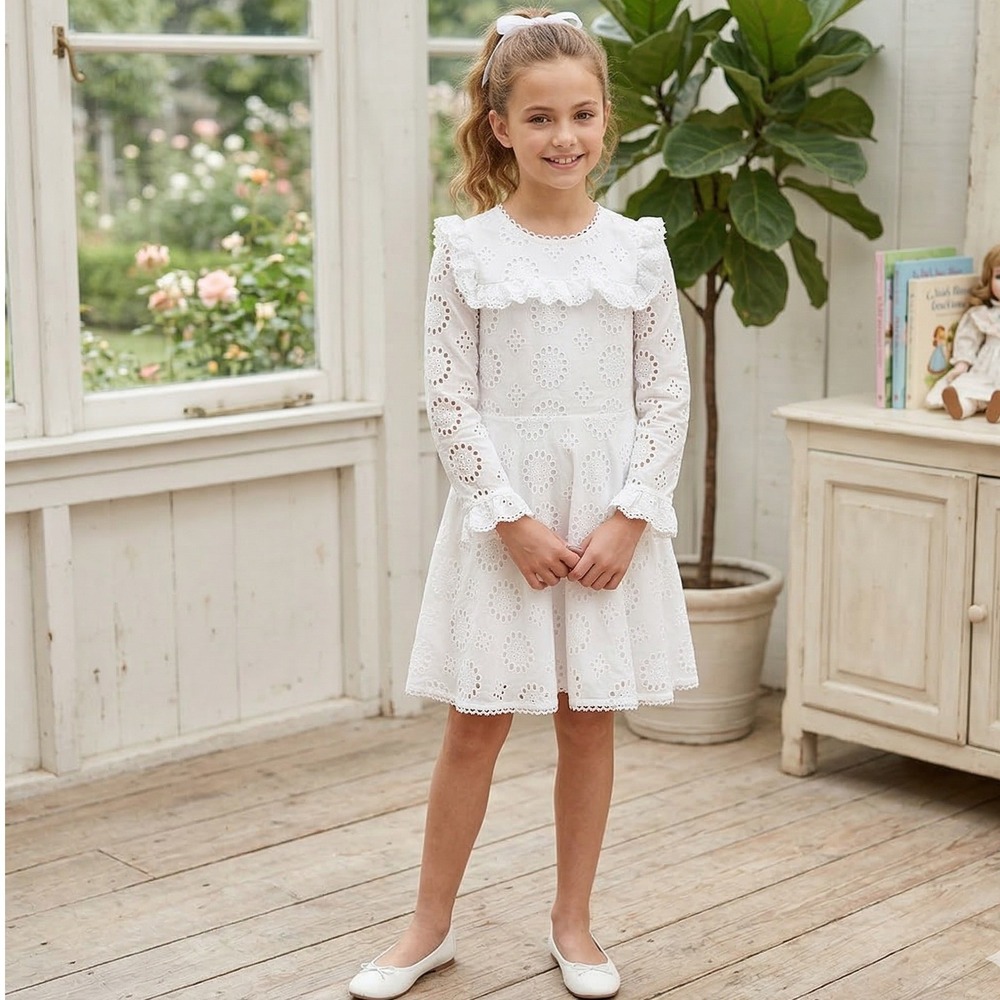 GB Girls White Eyelet Lace‎ Dress Size 12 Lined Long Sleeve Cotton Ruffle Party